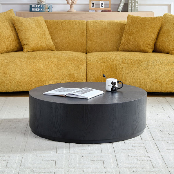 English Elm 35.43 Inch Round Drum Coffee Table Wood Veneer Mdf Pedestal Base for Living Room W2582P389443