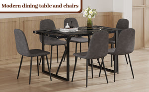 English Elm Table Modern Black Marble Dining Set With 6 Dark Gray Chairs - Stylish, Durable, Perfect For Any Space W1151S03839-GIGA