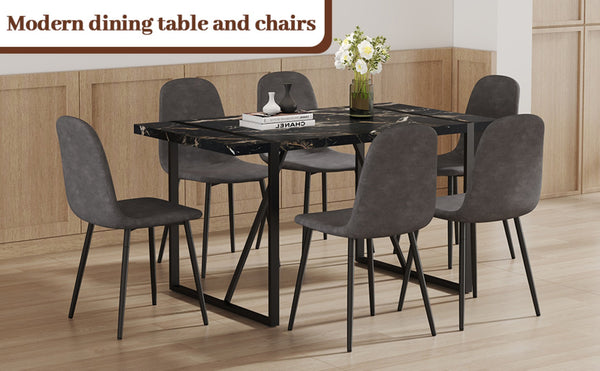 English Elm Table Modern Black Marble Dining Set With 6 Dark Gray Chairs - Stylish, Durable, Perfect For Any Space W1151S03839-GIGA