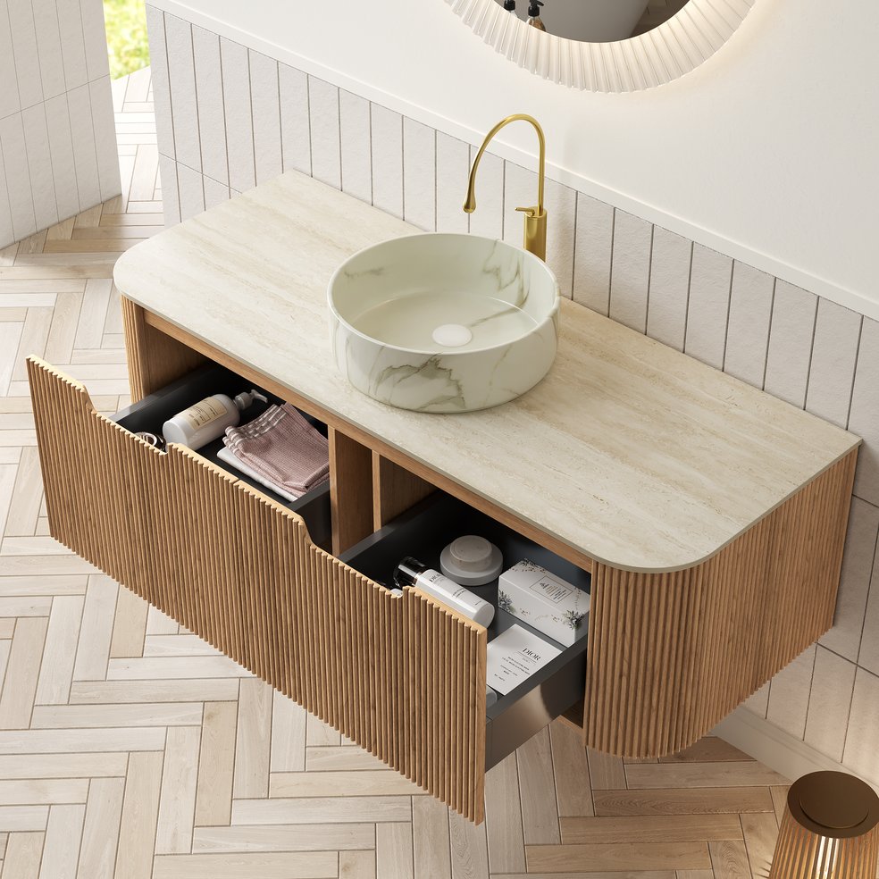 English Elm DINA 48" Wall Mounted Cabinet with Roman Travertine Top, 2 Soft-Close Drawers, Moisture-Resistant Plywood Finish W2615P338028