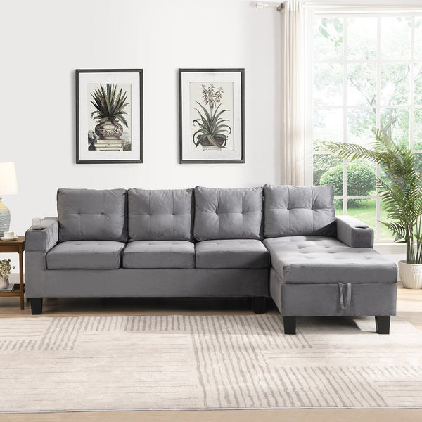 English Elm Sectional PU Sofa Set with L-Chaise, Built-In Cup Holders, Thick Foam Cushions, Modern 4-Seater Comfort Grey 60.62 L x 29.52 W x 13.78 H W2297S00017