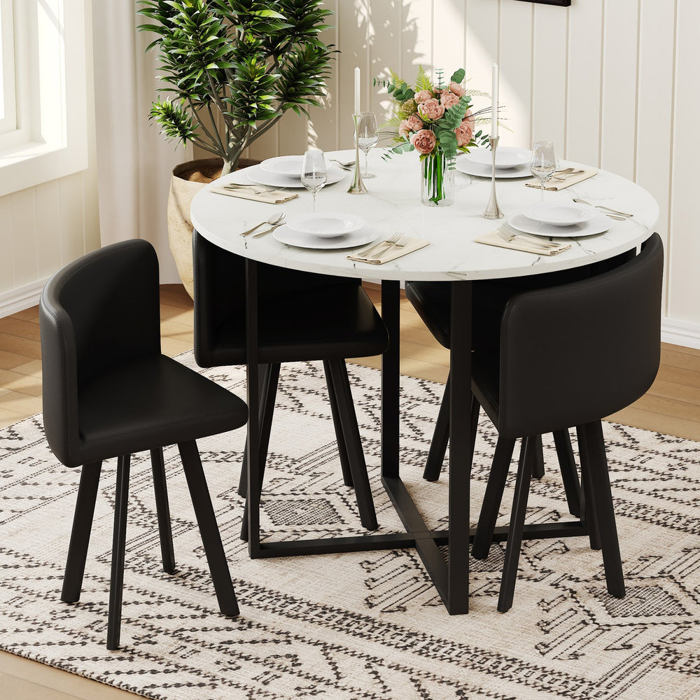 English Elm 5 Piece Round Faux Marble Dining Set with Pu Leather Chairs for Small Apartments Black,White W3875S00086