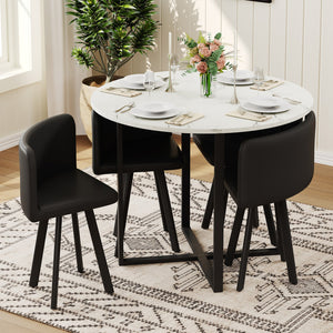 English Elm 5 Piece Round Faux Marble Dining Set with Pu Leather Chairs for Small Apartments Black,White W3875S00086