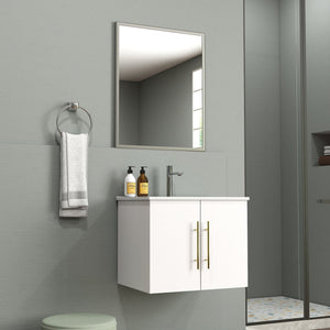 English Elm 24-Inch Wall-Mounted Bathroom Vanity & Mirror Combo - Modern Glossy White, Gold Handles, Soft Close W3151S00033