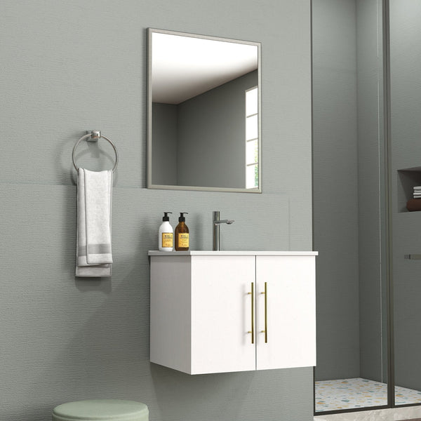 English Elm 24-Inch Wall-Mounted Bathroom Vanity & Mirror Combo - Modern Glossy White, Gold Handles, Soft Close W3151S00033