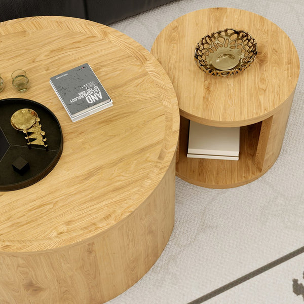 English Elm Round Nesting Coffee Tables with Wood Grain Tops Minimalist Set for Living Room W1727S00091