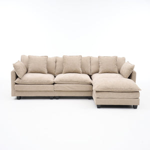 English Elm Beige Chenille Sectional Sofa with Modular Ottoman for Living Room or Studio Coffee W2603S00002