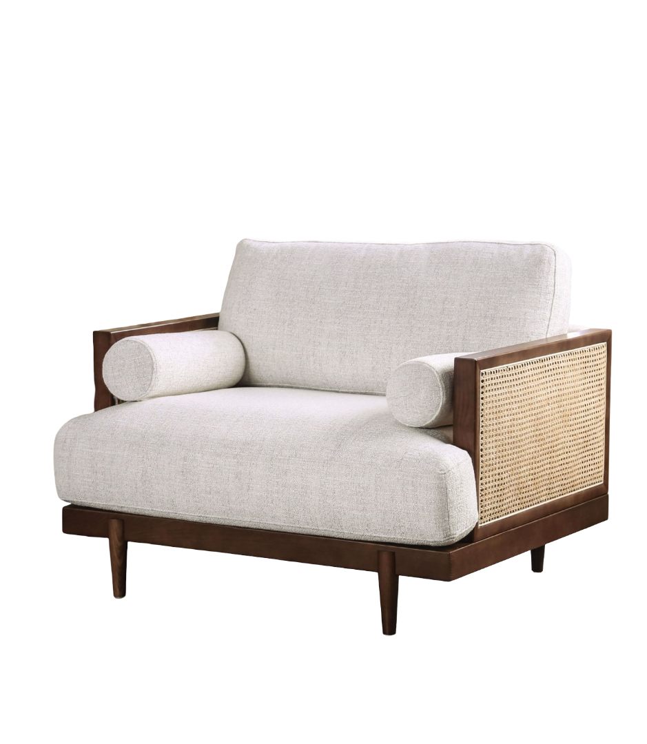 English Elm Beige Mid-Century Modern Chair with Ash Wood Trim, Rattan Panels, Tapered Legs & Plush Cushions B2741P378637