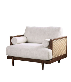 English Elm Beige Mid-Century Modern Chair with Ash Wood Trim, Rattan Panels, Tapered Legs & Plush Cushions B2741P378637