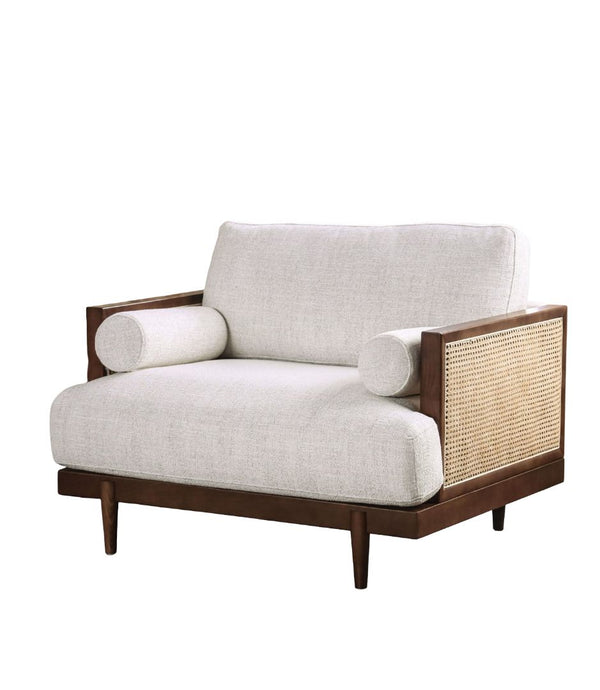 English Elm Beige Mid-Century Modern Chair with Ash Wood Trim, Rattan Panels, Tapered Legs & Plush Cushions B2741P378637