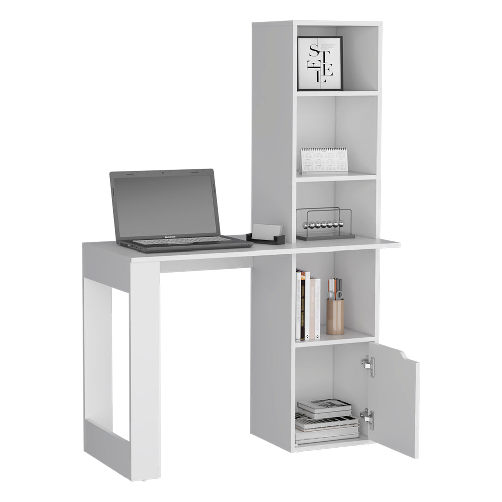 English Elm Iowa White Computer Desk with 4-Tier Bookcase and Cabinet — Compact Engineered Wood Workspace, Storage B070P188863