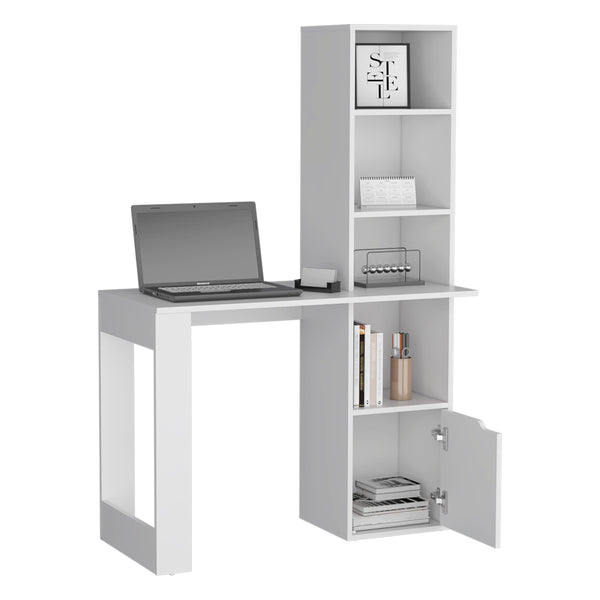 English Elm Iowa White Computer Desk with 4-Tier Bookcase and Cabinet — Compact Engineered Wood Workspace, Storage B070P188863