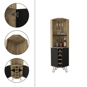 English Elm Corner Corner Cabinet with Six-Bottle Wine Rack, Shelves & Cup Rack in Macadamia/Black — FSC Certified Storage Solution B097S00165
