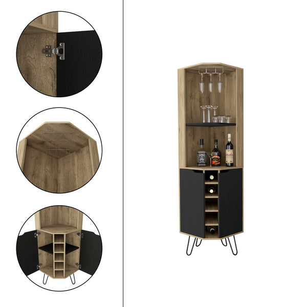 English Elm Corner Corner Cabinet with Six-Bottle Wine Rack, Shelves & Cup Rack in Macadamia/Black — FSC Certified Storage Solution B097S00165