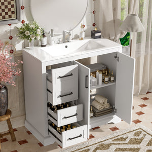 English Elm 36" Modern Bathroom Vanity with Ceramic Sink, Soft-Close Doors, 3 Drawers & Ample Storage for Small Baths White N729P280194K