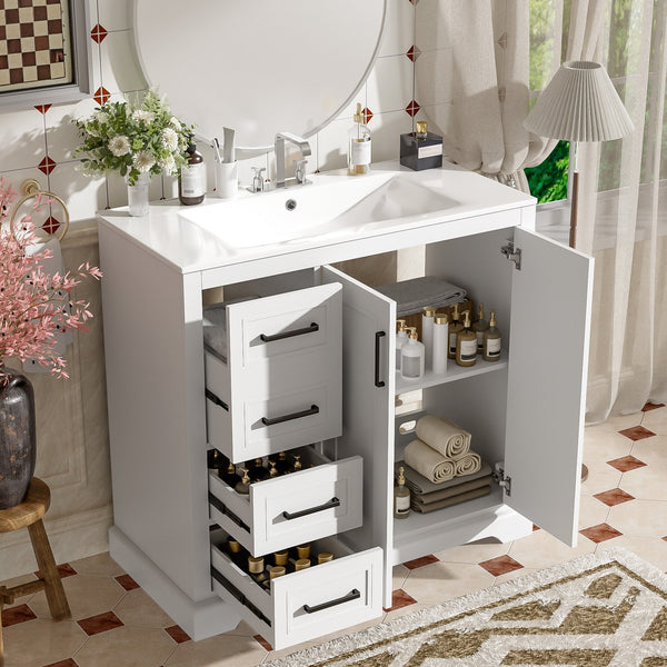 English Elm 36" Modern Bathroom Vanity with Ceramic Sink, Soft-Close Doors, 3 Drawers & Ample Storage for Small Baths White N729P280194K