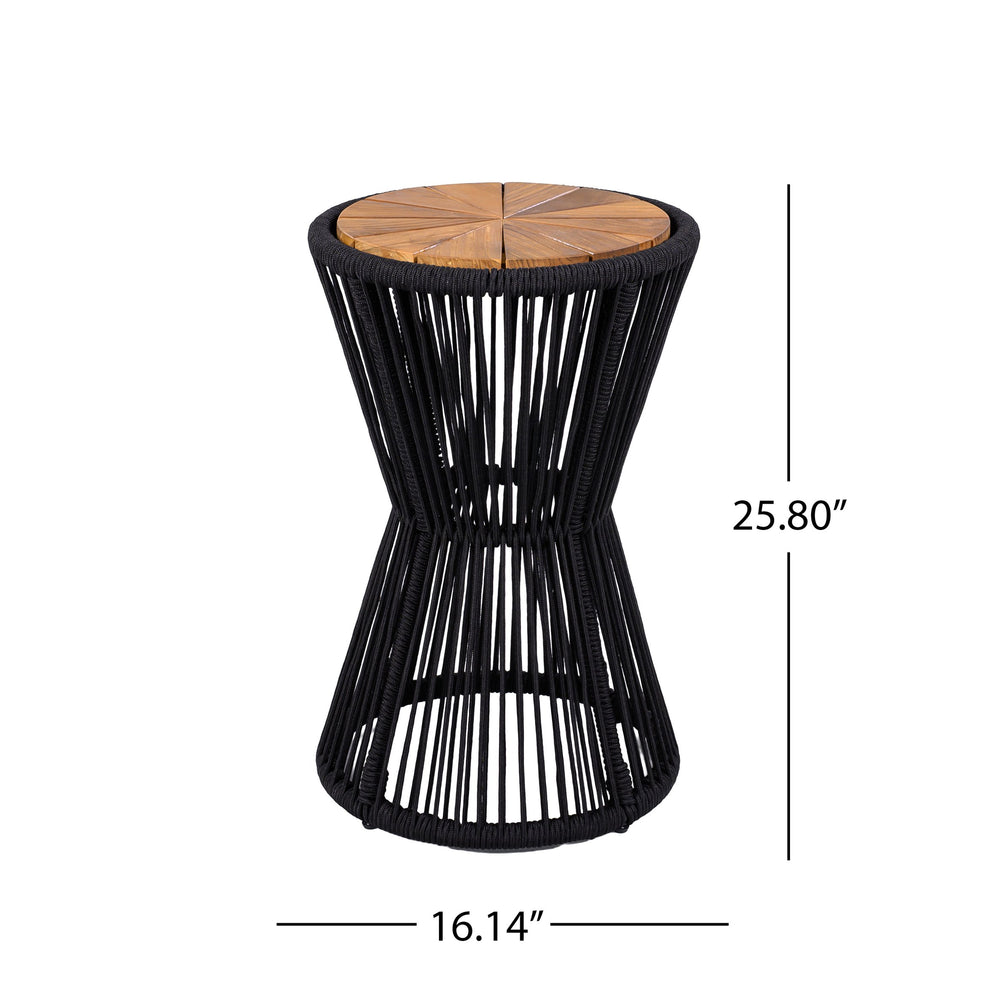 English Elm Outdoor Acacia Wood Top Side Table Woven Rope Iron Frame Hourglass Patio Accent Black,Teak N770P354691B