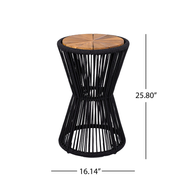 English Elm Outdoor Acacia Wood Top Side Table Woven Rope Iron Frame Hourglass Patio Accent Black,Teak N770P354691B