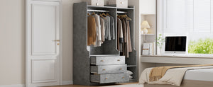 English Elm Open Open Wooden Wardrobe with 2 Rods, 5 Shelves & 3 Drawers — Modern Gray White Storage Solution N820S00021E