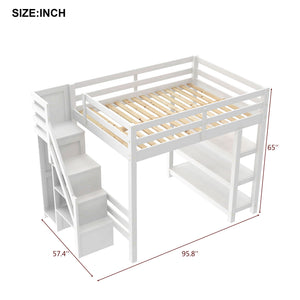 English Elm Full Size Loft Bed with Wardrobe Storage Staircase Shelves and Led Lighting N7090000472K-1