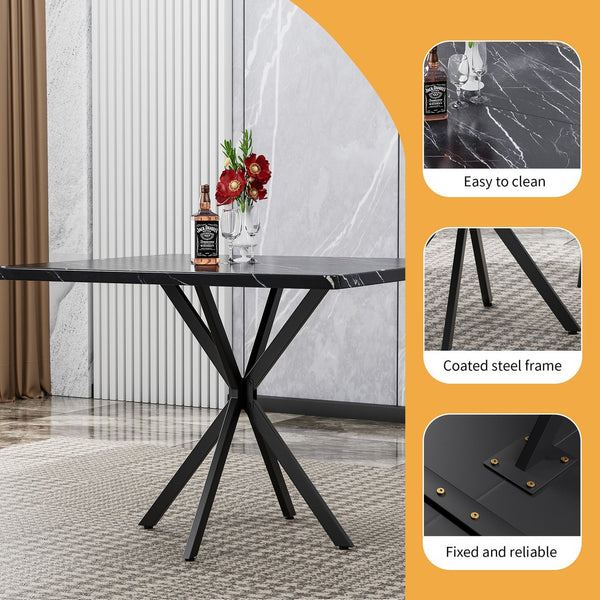 English Elm Square MDF Dining Set for 4 with Faux Marble Top, Mid-Century Modern Iron Legs, Easy-Clean Surface Black+Grey W578S00026