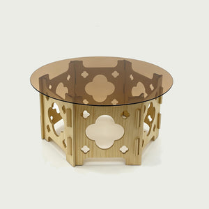 English Elm Round Carved Wood Base Coffee Table with Tea Glass Top for Modern Living Rooms W3935P481195