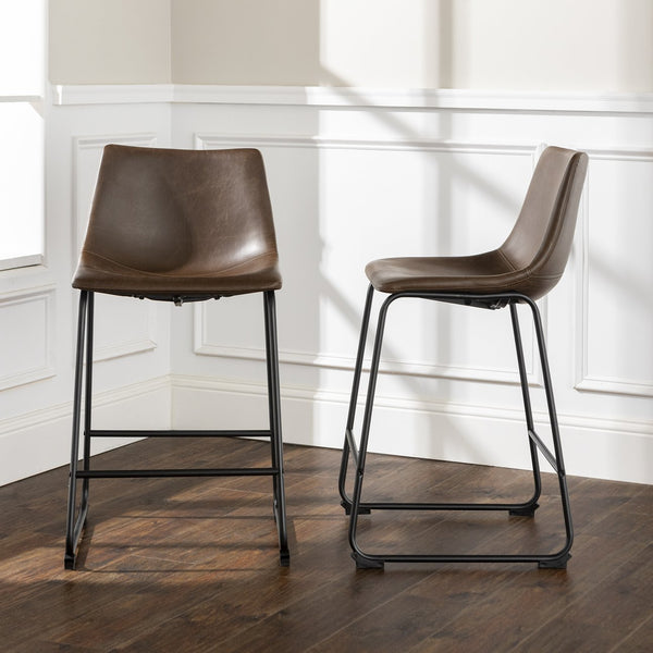 English Elm Walker Edison - Industrial Faux Leather Counter Stools Set of 2 Brown — PU Leather Seats, Industrial Steel Legs, Luxe Comfort B185P169311