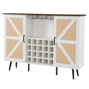 English Elm White Faux Rattan Barn Door Wine Cabinet with 20-Bottle Rack, Glass Holders & Adjustable Shelves W2702P183969
