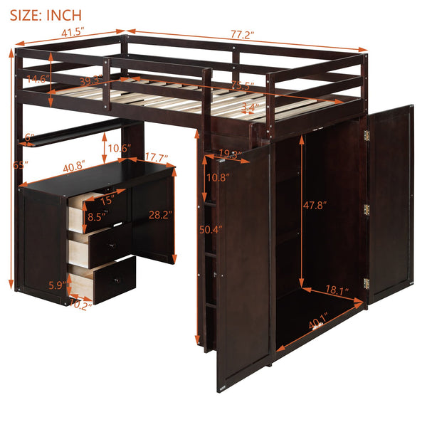 English Elm Twin Loft Bed with Built-in Desk Wardrobe and Drawers Solid Pine Space Saver Espresso LT000301AAP-2