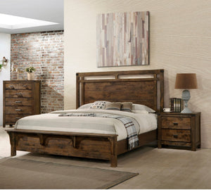 English Elm 1pc Rustic Industrial Queen Panel Bed with Cutout Headboard and Bench-Style Footboard, Solid Wood Finish Brown 82.2 L x 39.37 W x 2.8 H B011S01338