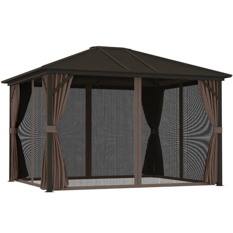 English Elm Gazebo Hardtop Outdoor Structure with Steel Roof Aluminum Frame and Privacy Curtains T3971S00174