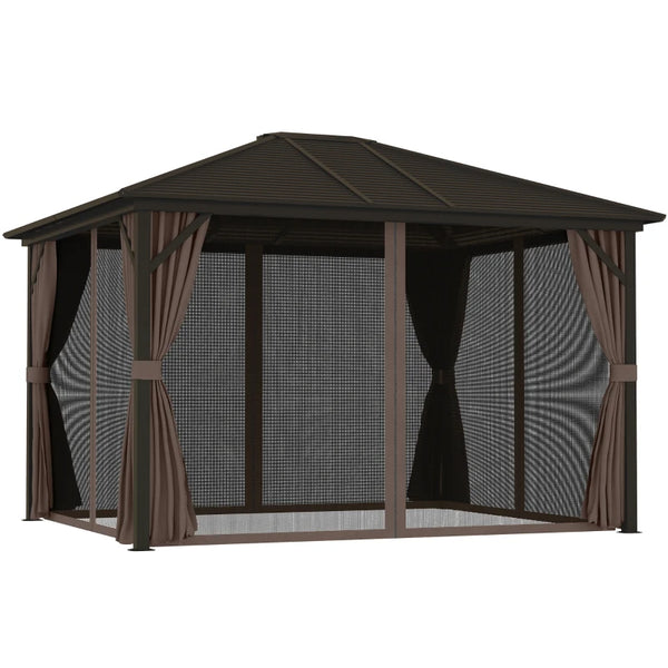 English Elm Gazebo Hardtop Outdoor Structure with Steel Roof Aluminum Frame and Privacy Curtains T3971S00174