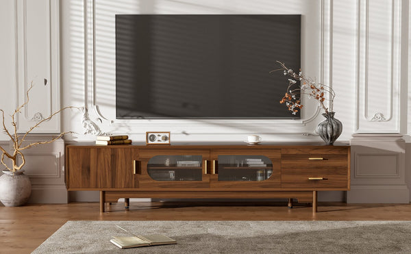 English Elm 78inch Walnut Entertainment Center Fluted Glass Solid Wood Legs Modern Living Room N710P362203P