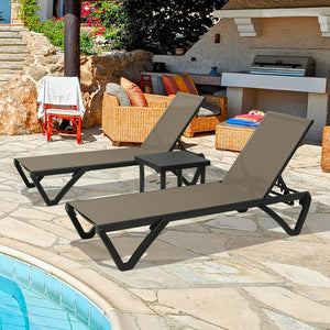 English Elm Pool Aluminum Chaise Lounger Set of 2 with Side Table, Weatherproof Textilene, Adjustable Recline, Wheels khaki W1859P396061