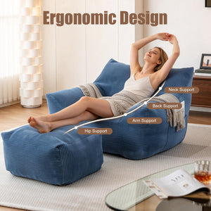 English Elm Bean Bag Chair with Armrests Shredded Foam Fill Oversized Lounge Seat for Adults Blue W5385P433246