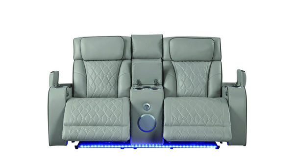 English Elm Fortuner Faux Leather Loveseat Gray with Power Recline, Massage, LED Lighting, USB, Bluetooth, Console G150109101