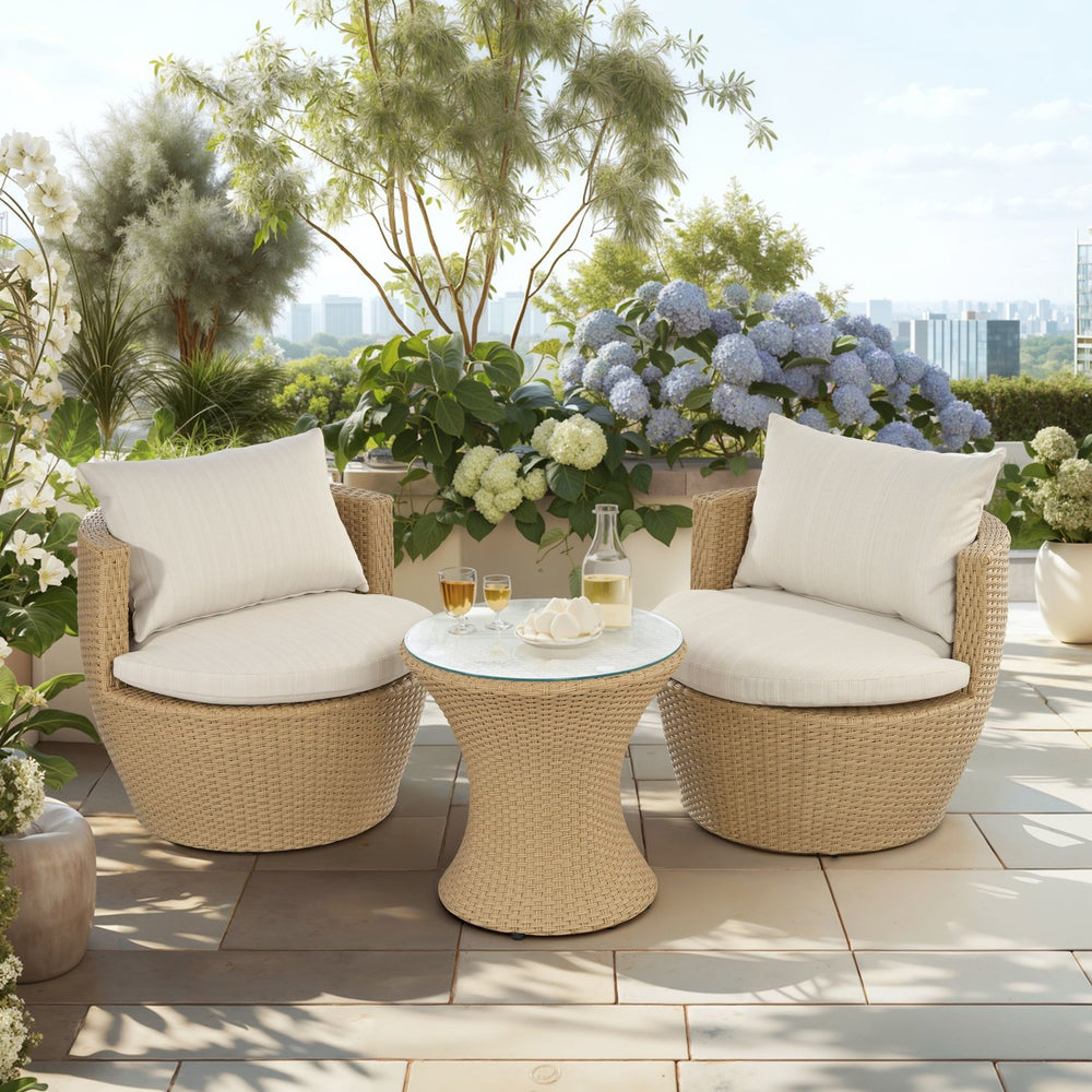 English Elm Christopher Knight Home® - KONO 3PC Outdoor Boho Faux Wicker Chat Set with Tempered Glass Table, Beige Cushions, Durable Elegance N775P245731B