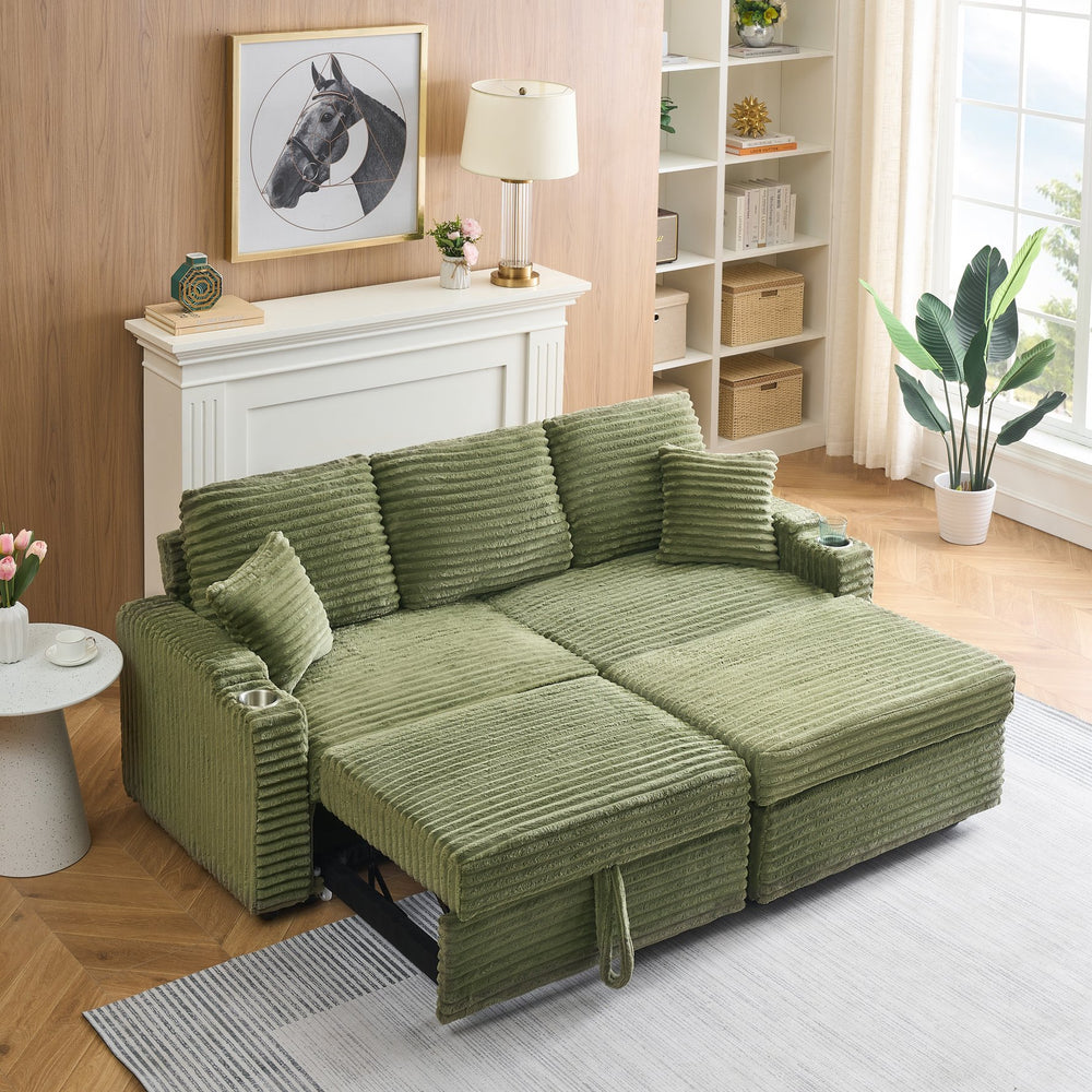 English Elm 80" Corduroy Multi-Function Sofa with Hidden Recliner, Space-Saving Design, Armrests, Cup Holders, Removable Footstool Green W3356S00019