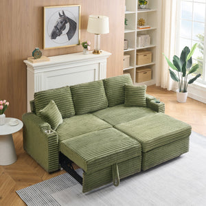 English Elm 80" Corduroy Multi-Function Sofa with Hidden Recliner, Space-Saving Design, Armrests, Cup Holders, Removable Footstool Green W3356S00019