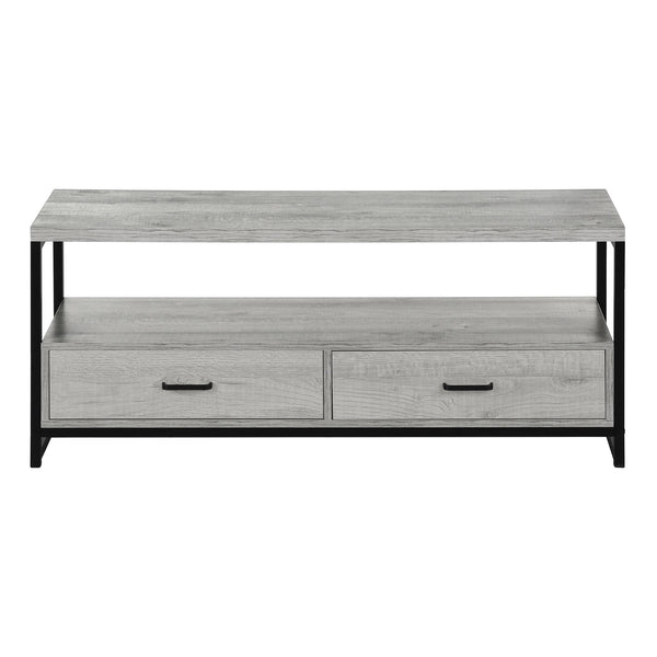 English Elm Tv Stand 48 Inch Console Media Center with Black Metal Frame, Two Drawers & Open Shelves for Compact Living Spaces Grey 52 L x 18 W x 7 H B2710P221333