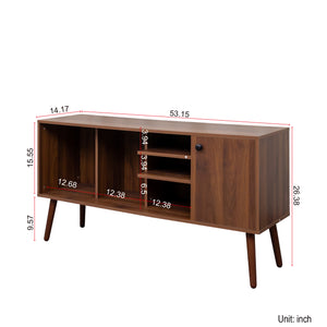 English Elm TV Stand Mid-Century Modern 53" TV Console with 1 Cabinet and 3 Open Shelves, Durable Veneer Frame Walnut W331P247814