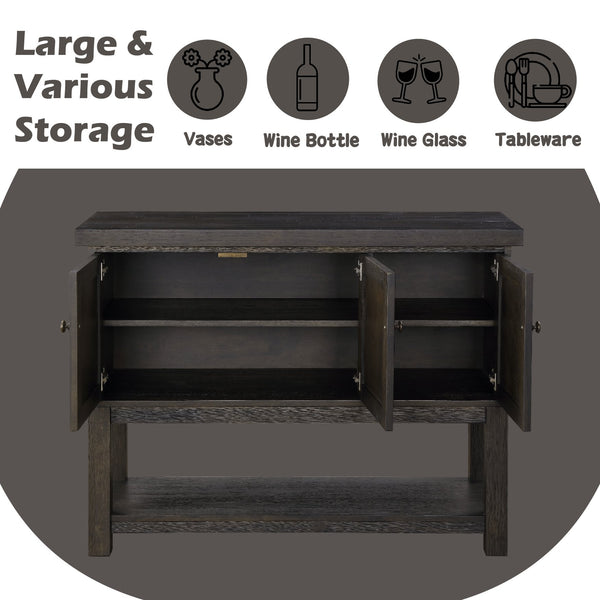 English Elm Haddie Distressed Walnut Server with 3 Doors & Open Shelf, Dark Walnut Wood Veneer Storage Cabinet B2726P311064