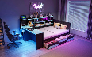 English Elm Full Size Gaming Bed Frame with Desk Led Lights Storage Drawers and Charging Station Black+Blue LP000289AAC