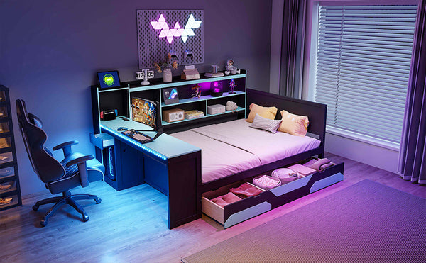 English Elm Full Size Gaming Bed Frame with Desk Led Lights Storage Drawers and Charging Station Black+Blue LP000289AAC