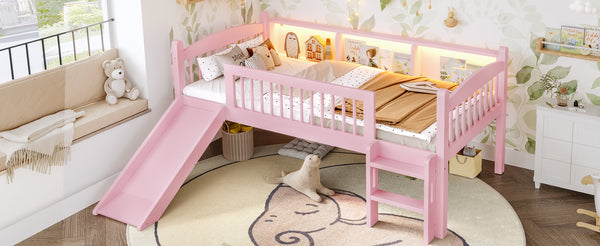 English Elm Twin Xl Solid Pine Loft Bed with Built-in Led Lighting and Storage Shelves Pink W1580S00365