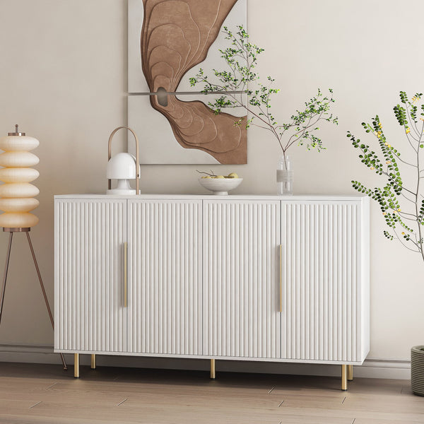 English Elm White Modern Fluted Sideboard Buffet with Adjustable Shelves, Art Deco MDF Credenza Console, Spacious Storage Elegance W1321P171784