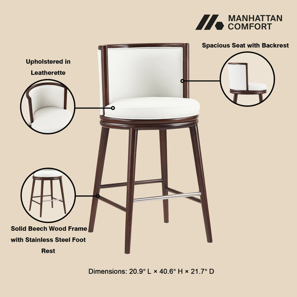 English Elm Evalyn Commercial White Leatherette Barstool with Beech Wood Legs, Foam-Padded Seat & Steel Footrest B365P398035