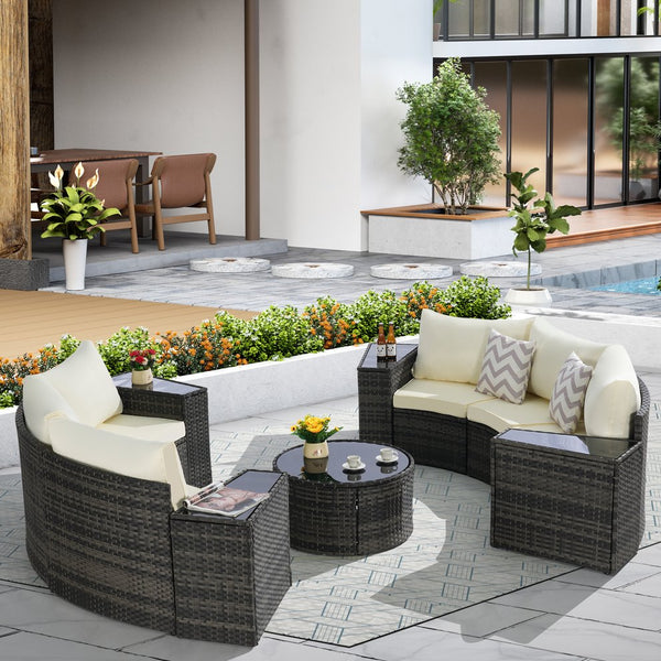English Elm Outdoor Half Moon Sectional Sofa Set with Woven Rattan Frame and Tempered Glass Table Beige W874S00048