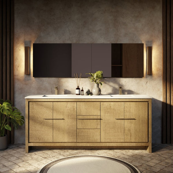 English Elm Rustic Acacia Double Bath Vanity With White Quartz Top & Gun Metal Faucet – Stylish Storage Solution! B2731P259232-GIGA