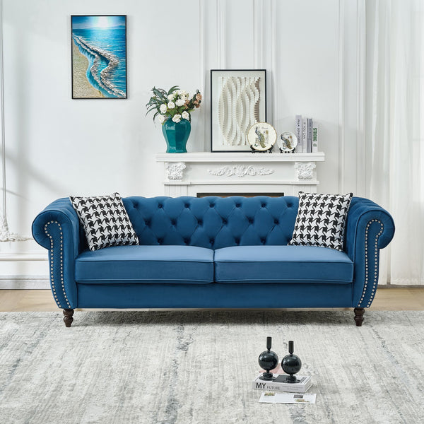 English Elm 87"Chesterfield Velvet Upholstery Sofa with Roll Armrests & Nailhead Trim, 3-Seater Luxurious Midcentury Design Blue W3373S00048